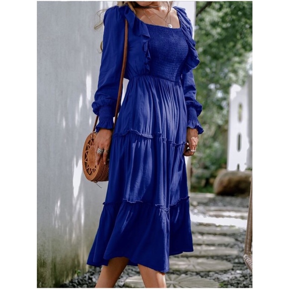 Boho Burgundy Red Ruffle A-line Midi Dress Minimalist - Picture 6 of 11